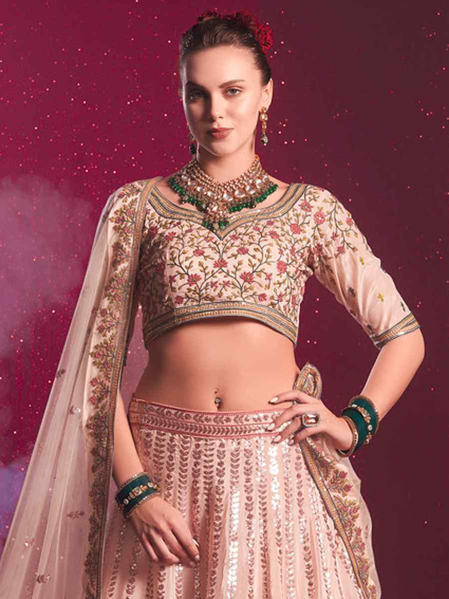 Peach Venila Shine Silk Embroidered Bridesmaid Wedding Heavy Border Lehenga Choli