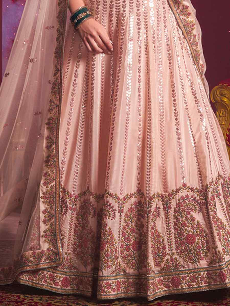 Peach Venila Shine Silk Embroidered Bridesmaid Wedding Heavy Border Lehenga Choli