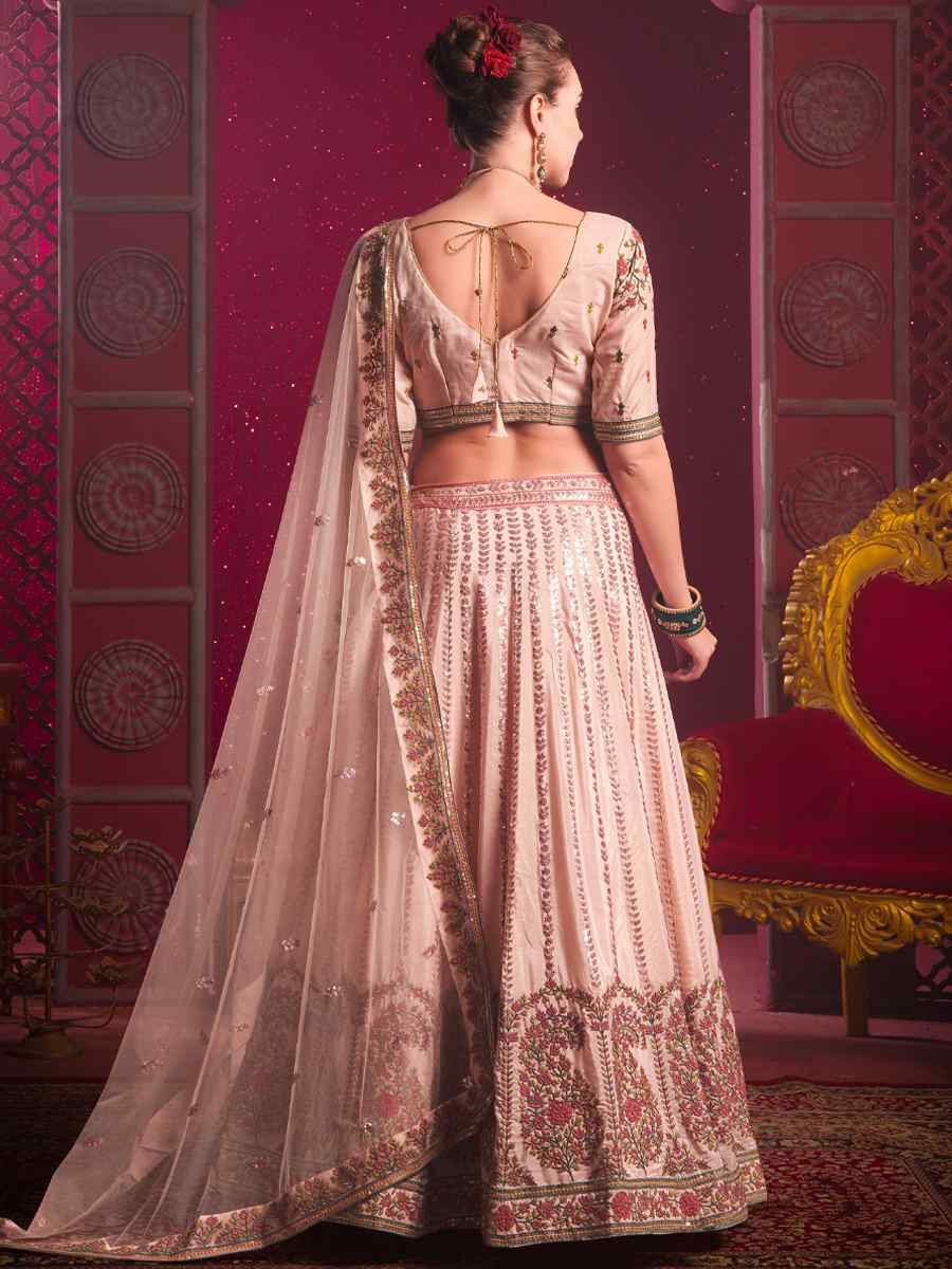 Peach Venila Shine Silk Embroidered Bridesmaid Wedding Heavy Border Lehenga Choli