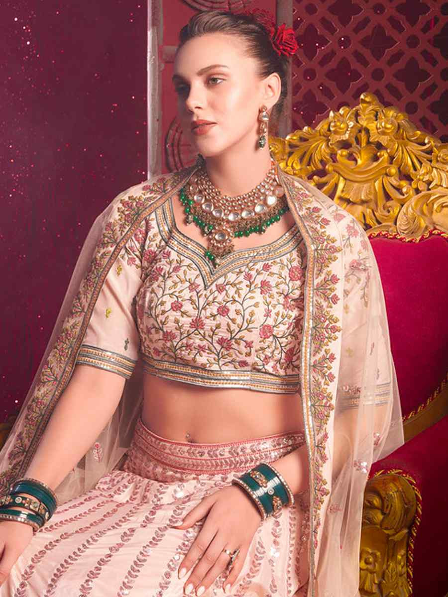 Peach Venila Shine Silk Embroidered Bridesmaid Wedding Heavy Border Lehenga Choli