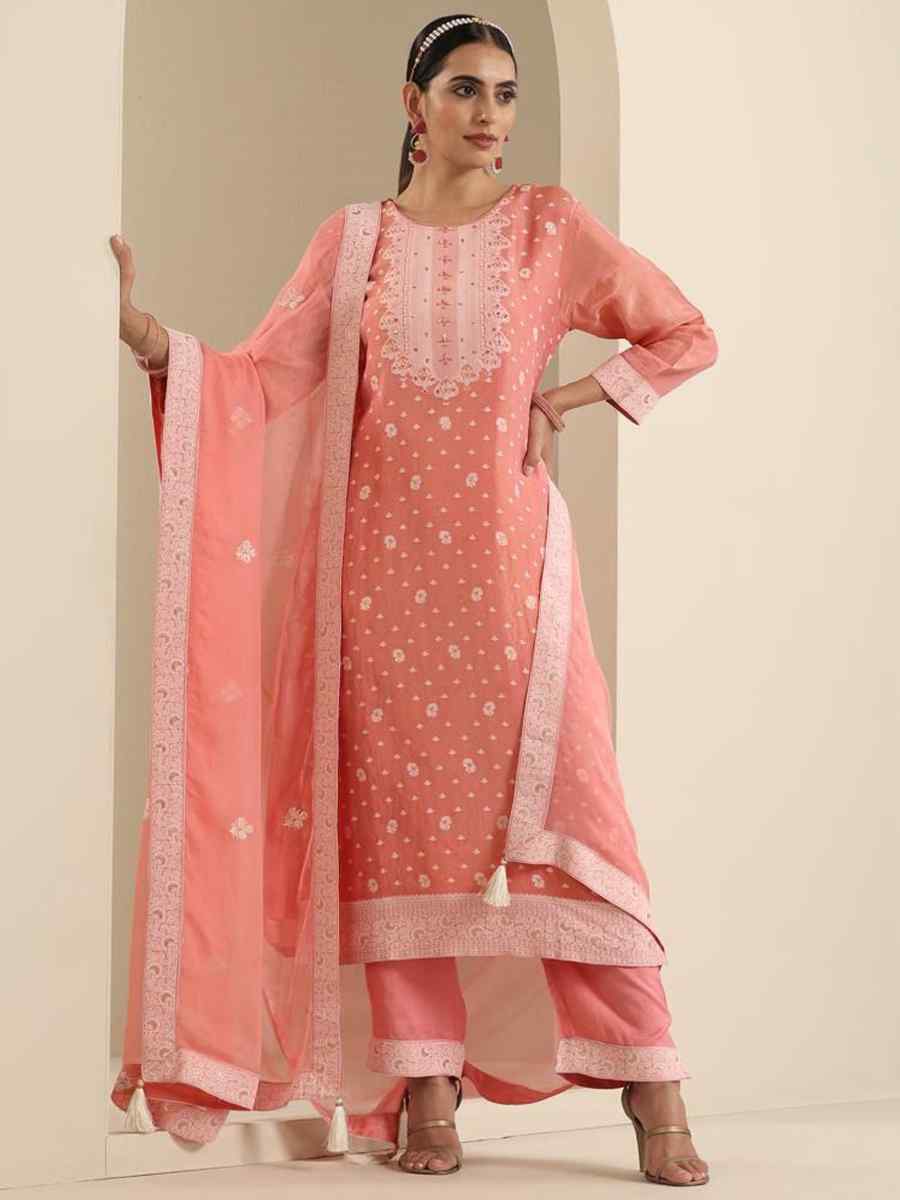 Peach Viscose Jacquard Embroidered Festival Mehendi Ready Pant Salwar Kameez