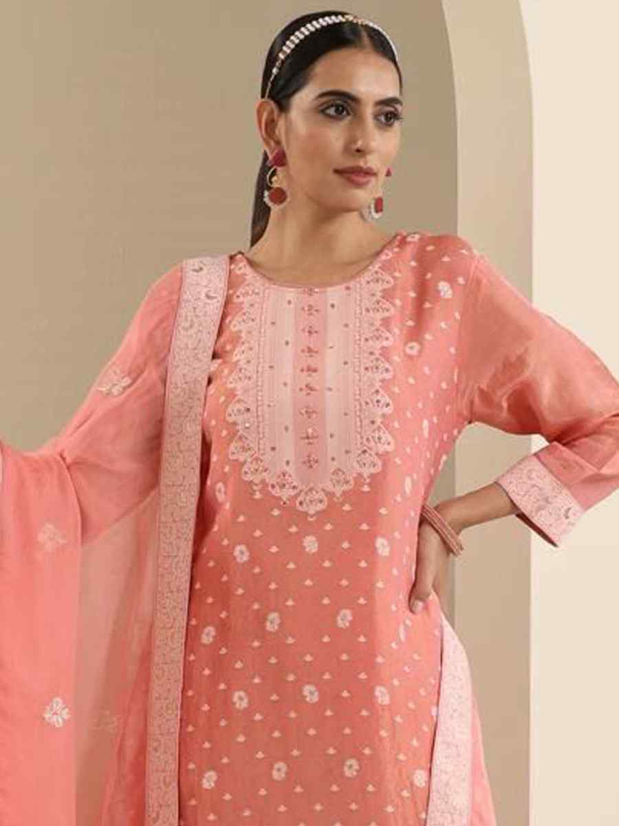 Peach Viscose Jacquard Embroidered Festival Mehendi Ready Pant Salwar Kameez