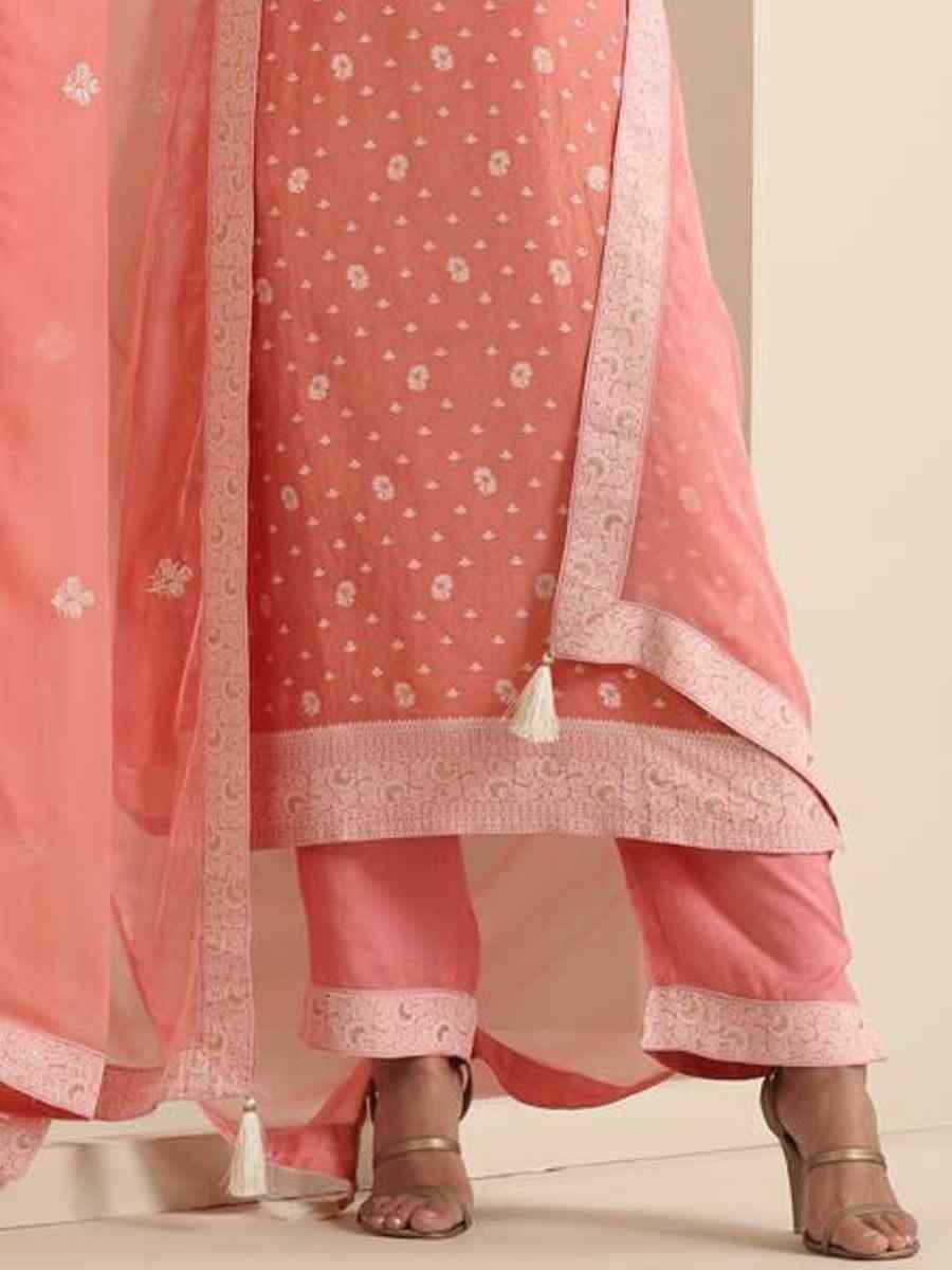 Peach Viscose Jacquard Embroidered Festival Mehendi Ready Pant Salwar Kameez