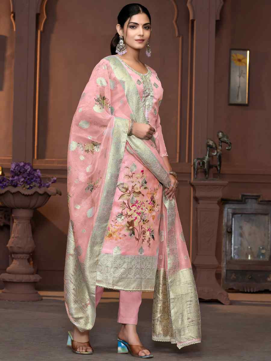 Peach Viscose Organza Embroidered Casual Festival Pant Salwar Kameez