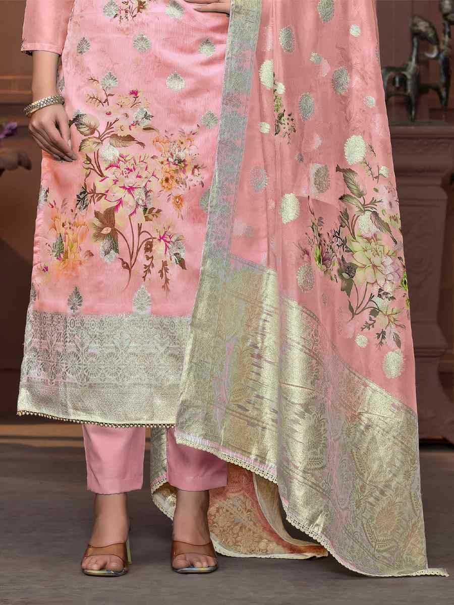 Peach Viscose Organza Embroidered Casual Festival Pant Salwar Kameez