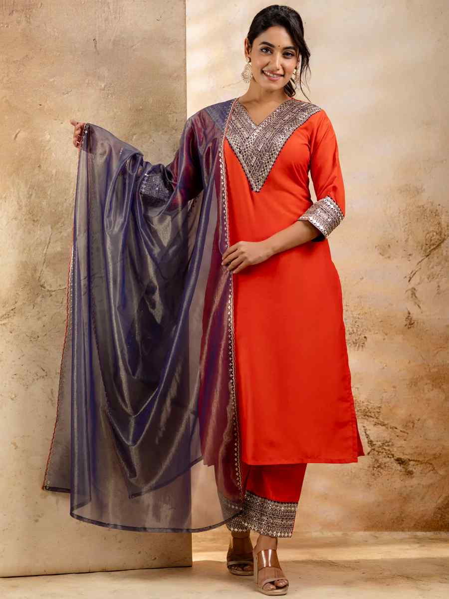 Peach Viscose Rayon Embroidered Festival Casual Ready Pant Salwar Kameez