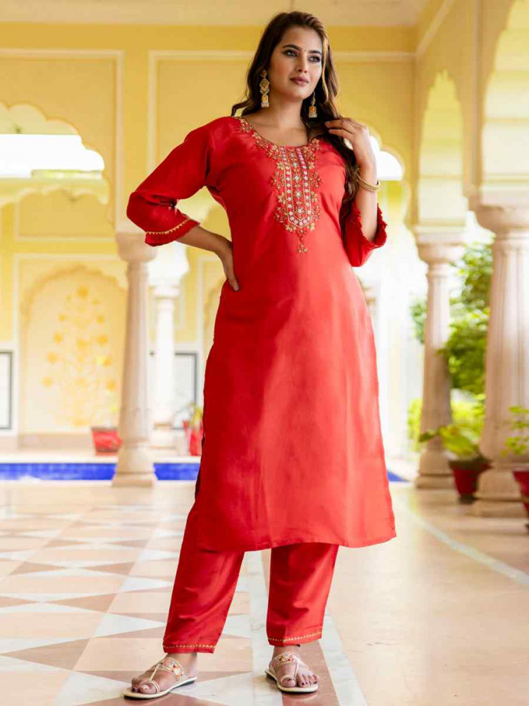 Peach Viscose Rayon Embroidered Festival Casual Ready Pant Salwar Kameez