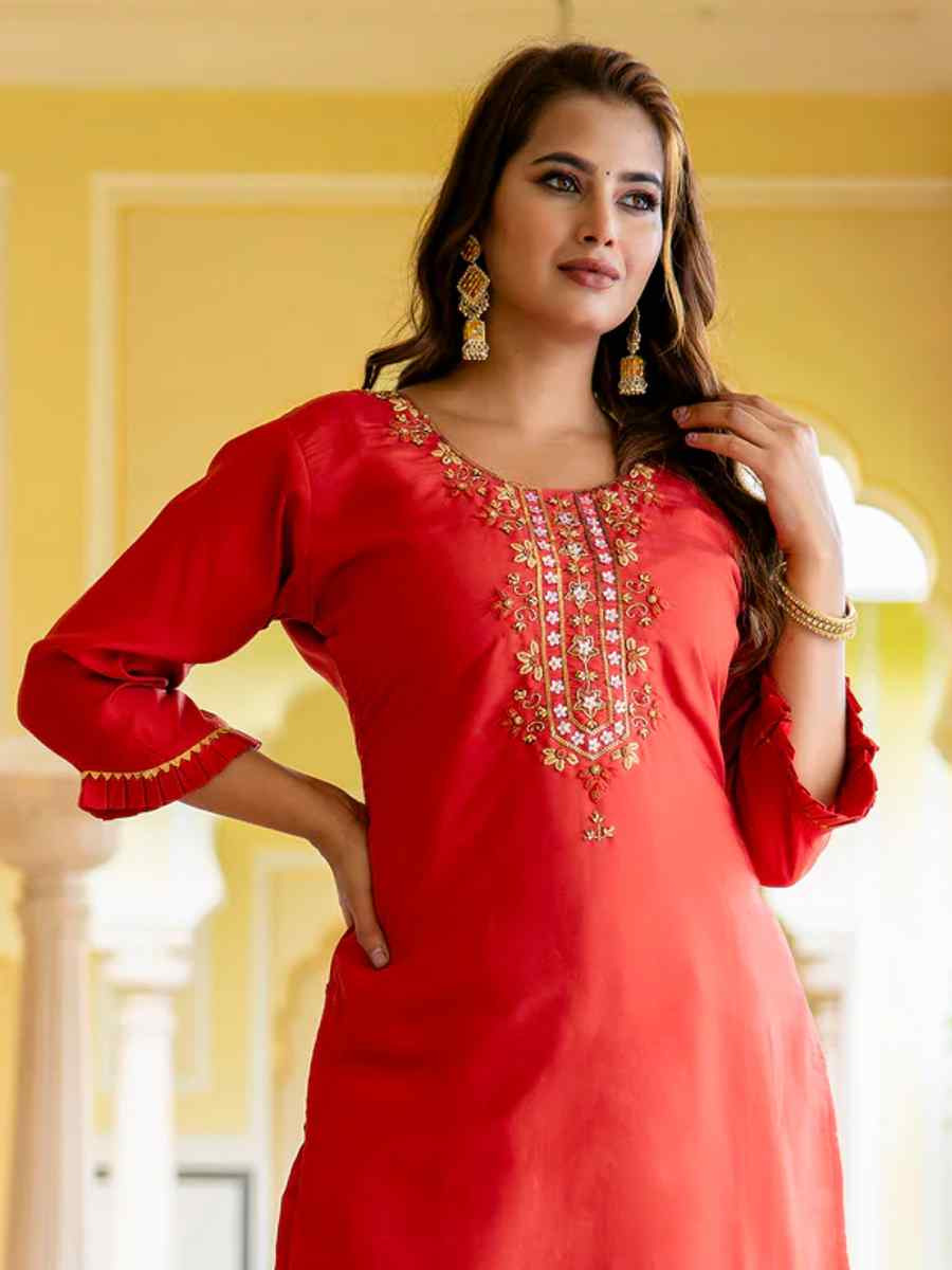 Peach Viscose Rayon Embroidered Festival Casual Ready Pant Salwar Kameez