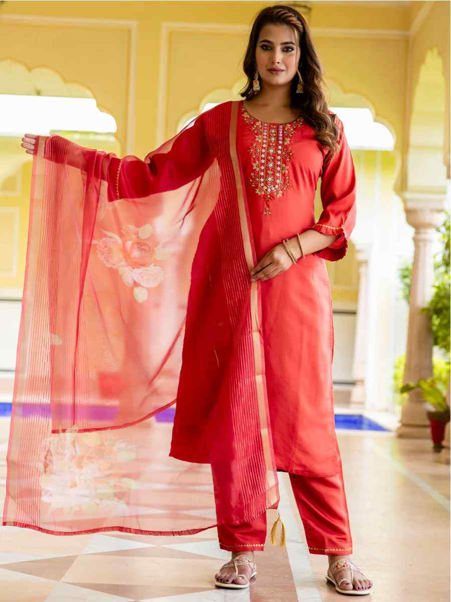 Peach Viscose Rayon Embroidered Festival Casual Ready Pant Salwar Kameez