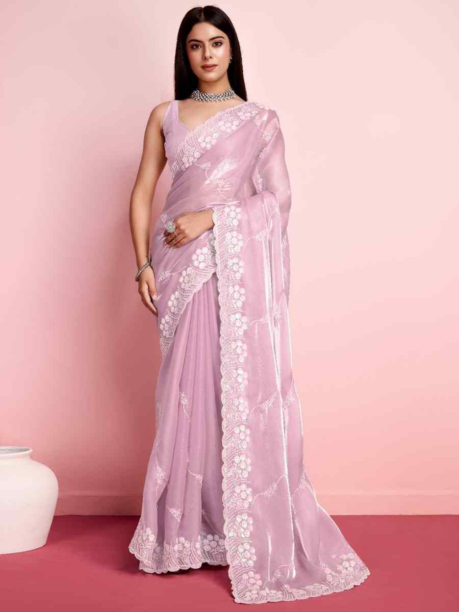 Peach Zimmy Chu Silk Embroidered Wedding Party Heavy Border Saree