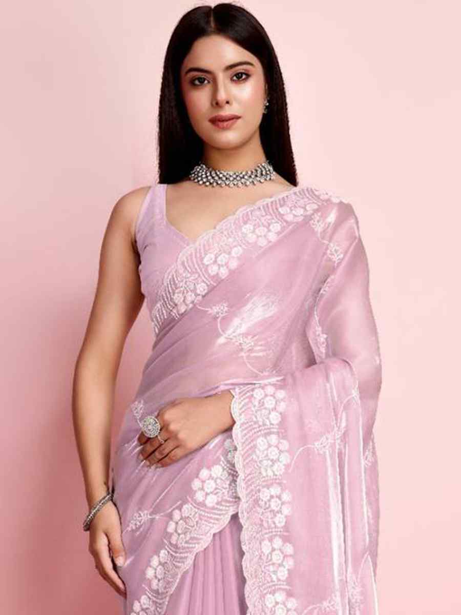 Peach Zimmy Chu Silk Embroidered Wedding Party Heavy Border Saree