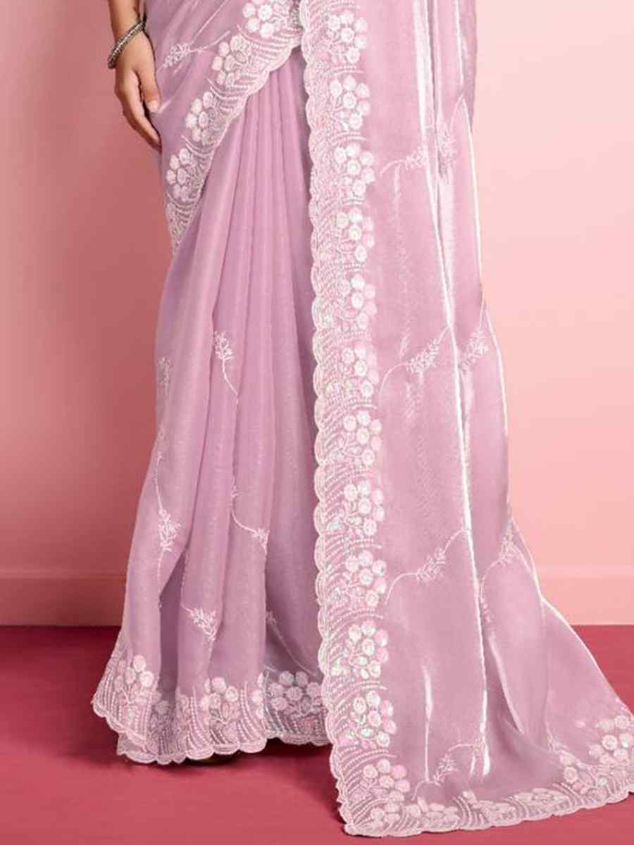 Peach Zimmy Chu Silk Embroidered Wedding Party Heavy Border Saree