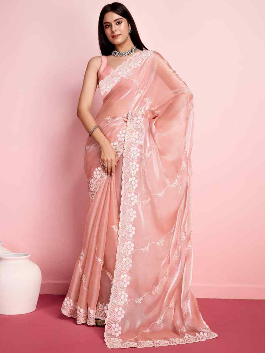 Peach Zimmy Chu Silk Embroidered Wedding Party Heavy Border Saree