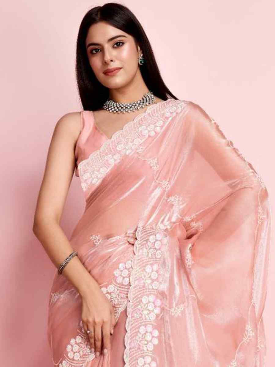 Peach Zimmy Chu Silk Embroidered Wedding Party Heavy Border Saree