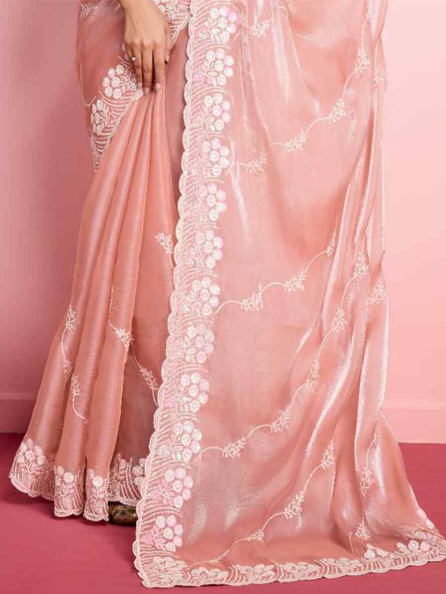 Peach Zimmy Chu Silk Embroidered Wedding Party Heavy Border Saree