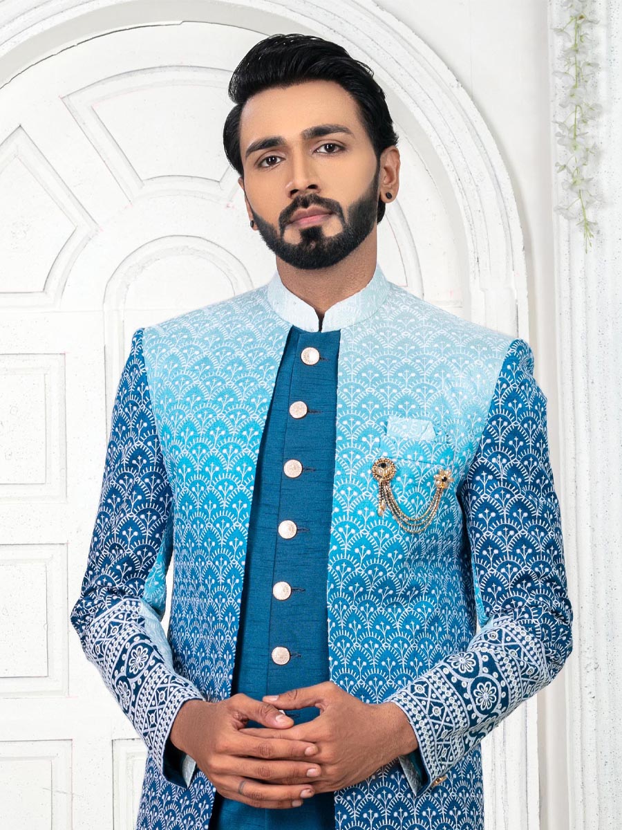 Peacock Blue Silk Embroidered Wedding Groom Sherwani