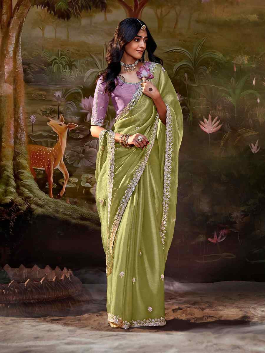 Perrot Green Organza Chiffon Embroidered Reception Party Heavy Border Saree