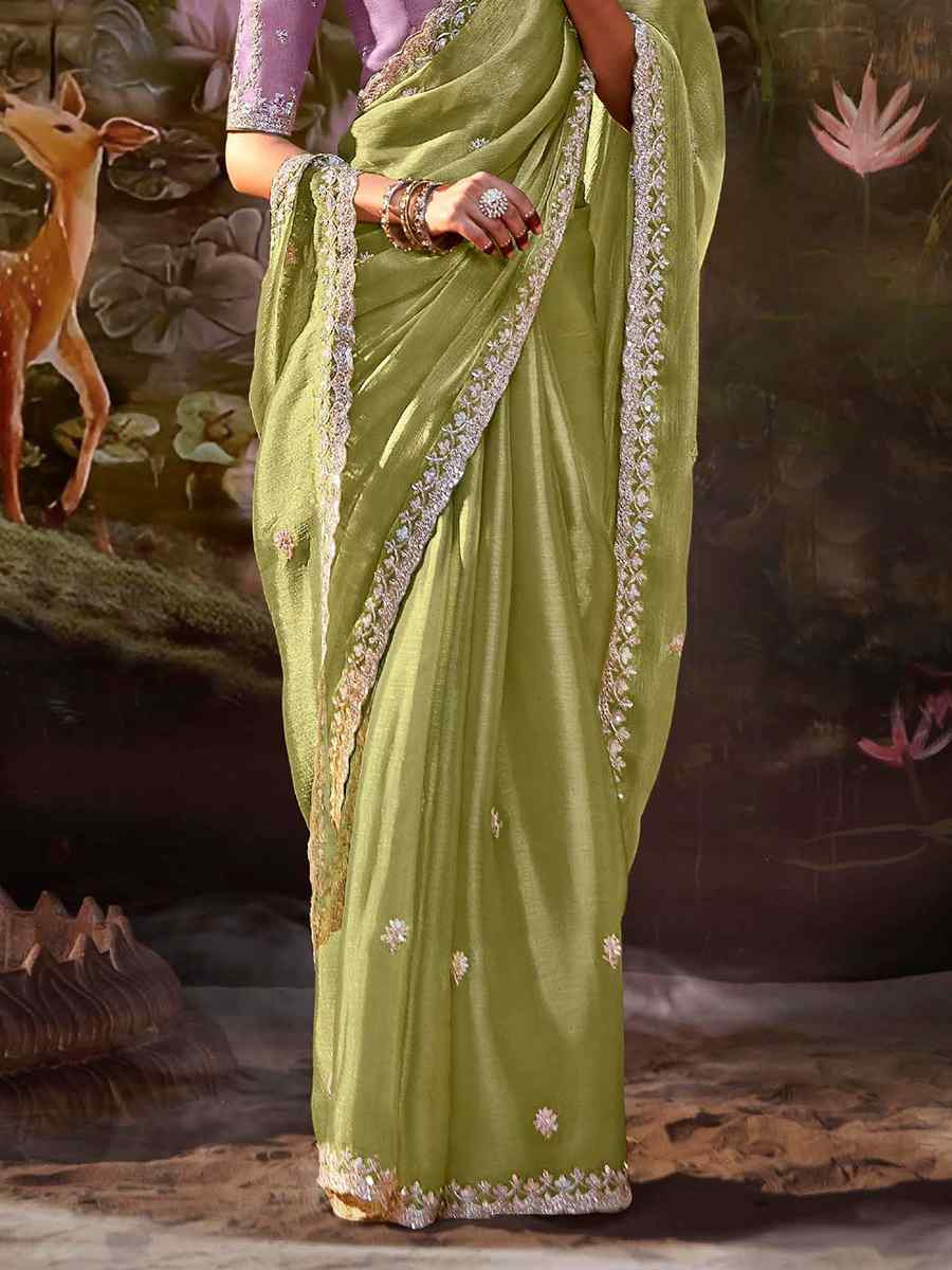 Perrot Green Organza Chiffon Embroidered Reception Party Heavy Border Saree