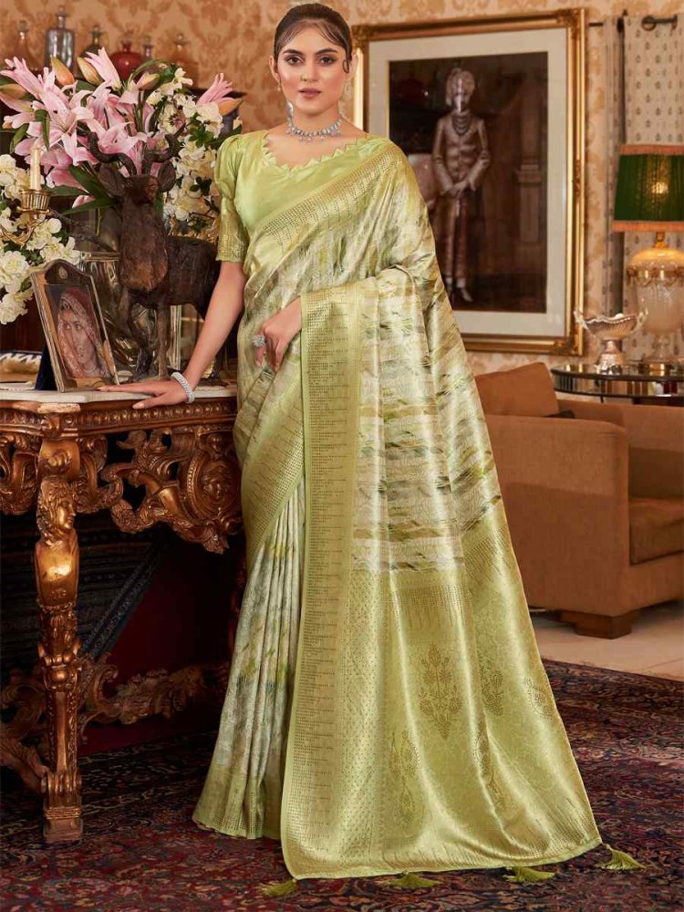 Perrot Green Soft Silk Handwoven Wedding Festival Heavy Border Saree