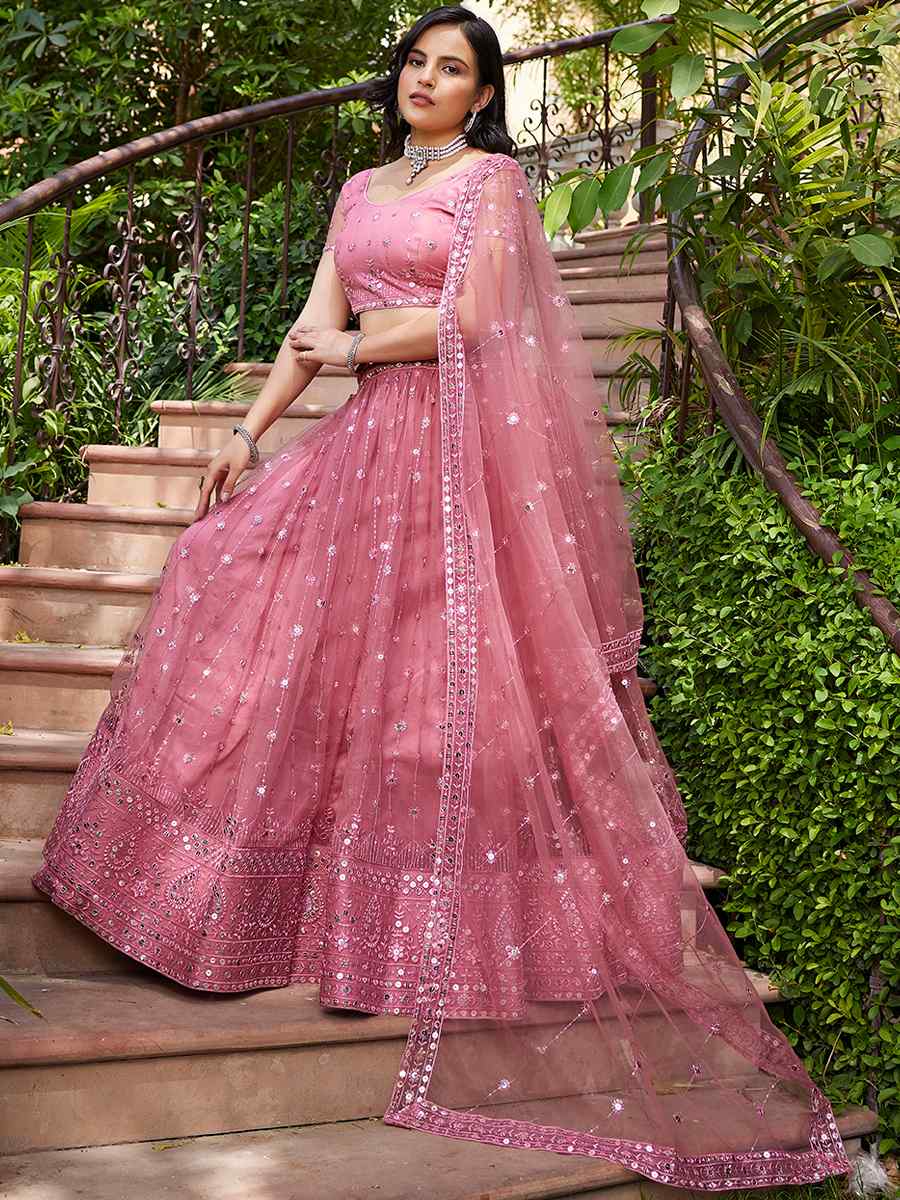 Pink  Net Embroidered Bridesmaid Wedding Heavy Border Lehenga Choli