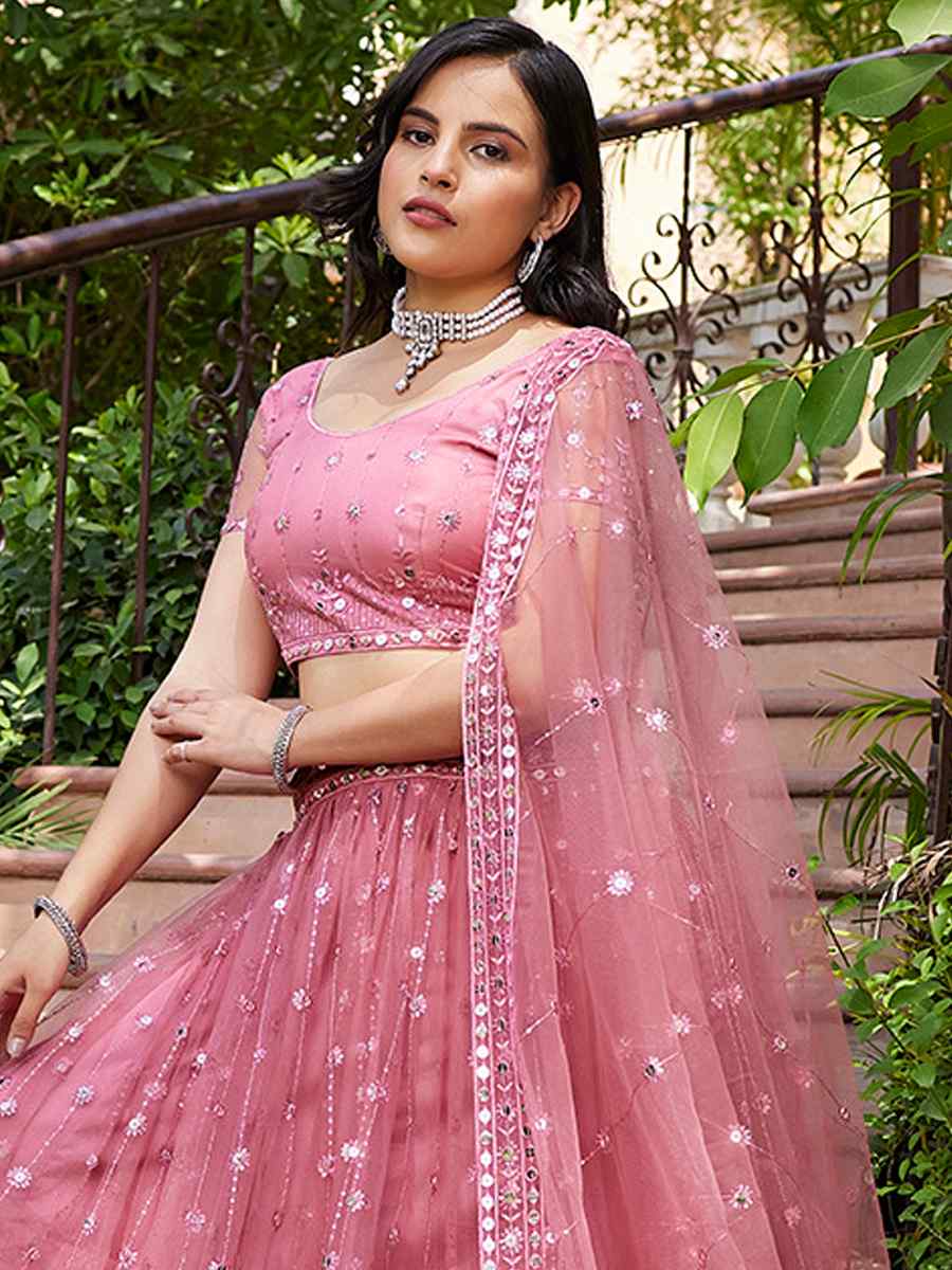 Pink  Net Embroidered Bridesmaid Wedding Heavy Border Lehenga Choli