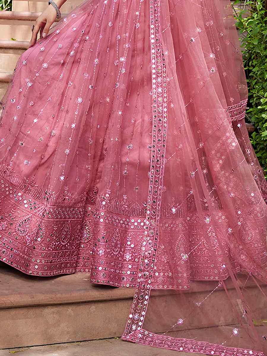 Pink  Net Embroidered Bridesmaid Wedding Heavy Border Lehenga Choli