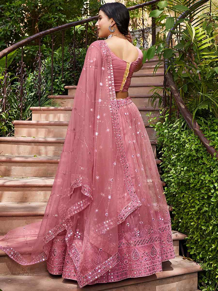 Pink  Net Embroidered Bridesmaid Wedding Heavy Border Lehenga Choli