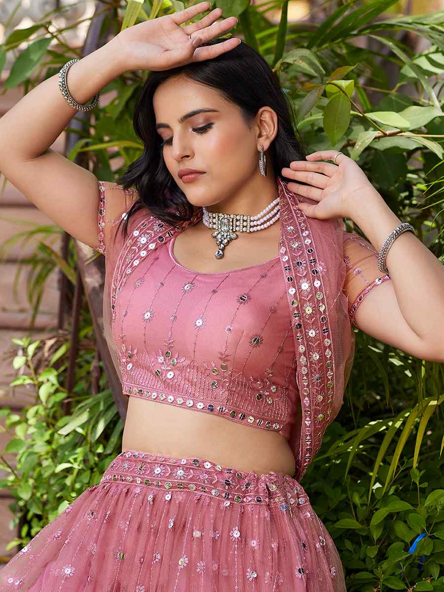 Pink  Net Embroidered Bridesmaid Wedding Heavy Border Lehenga Choli