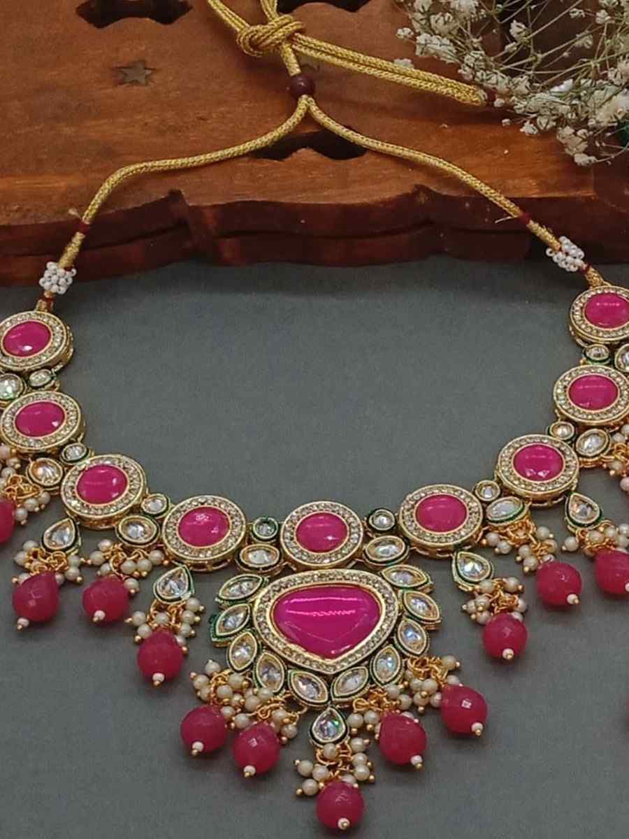 Pink Alloy Metal Festival Wear Kundan Necklace