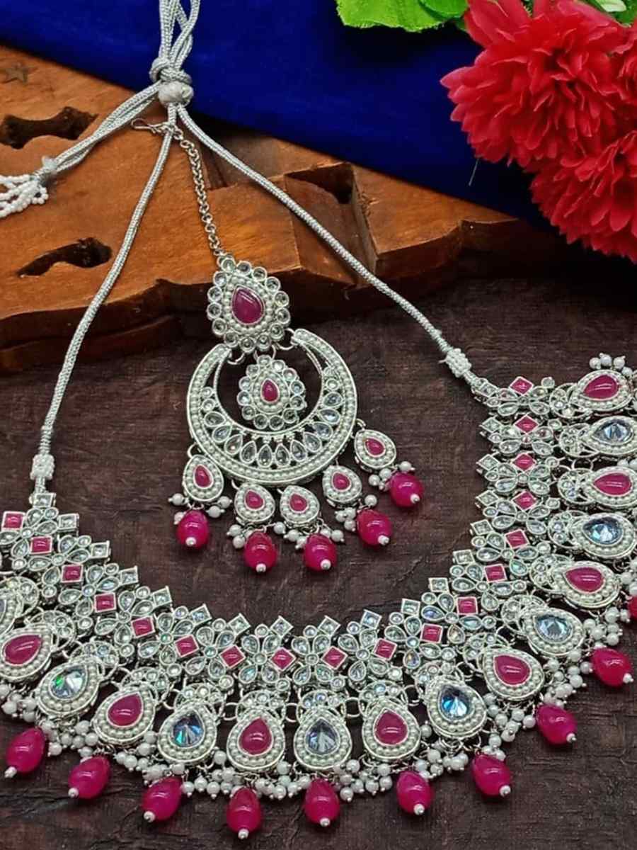 Pink Alloy Metal Festival Wear Kundan Necklace