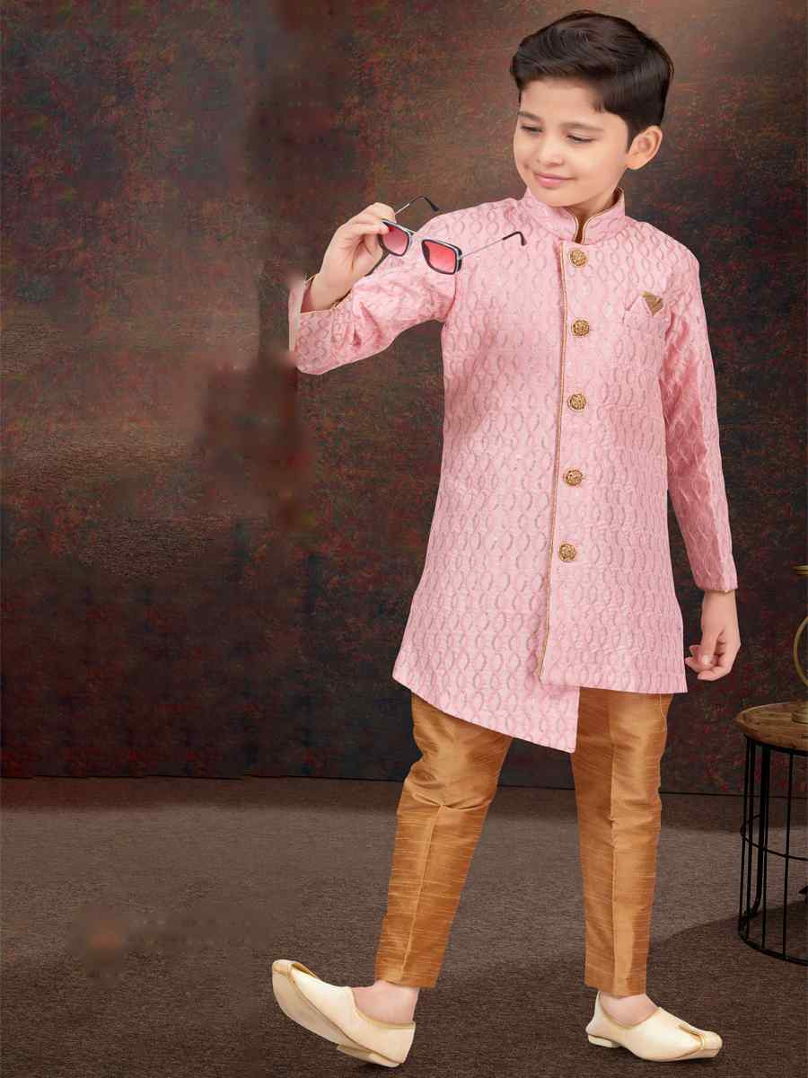 Pink Art Silk Embroidered Festival Wedding Kurta Pyjama Boys Wear