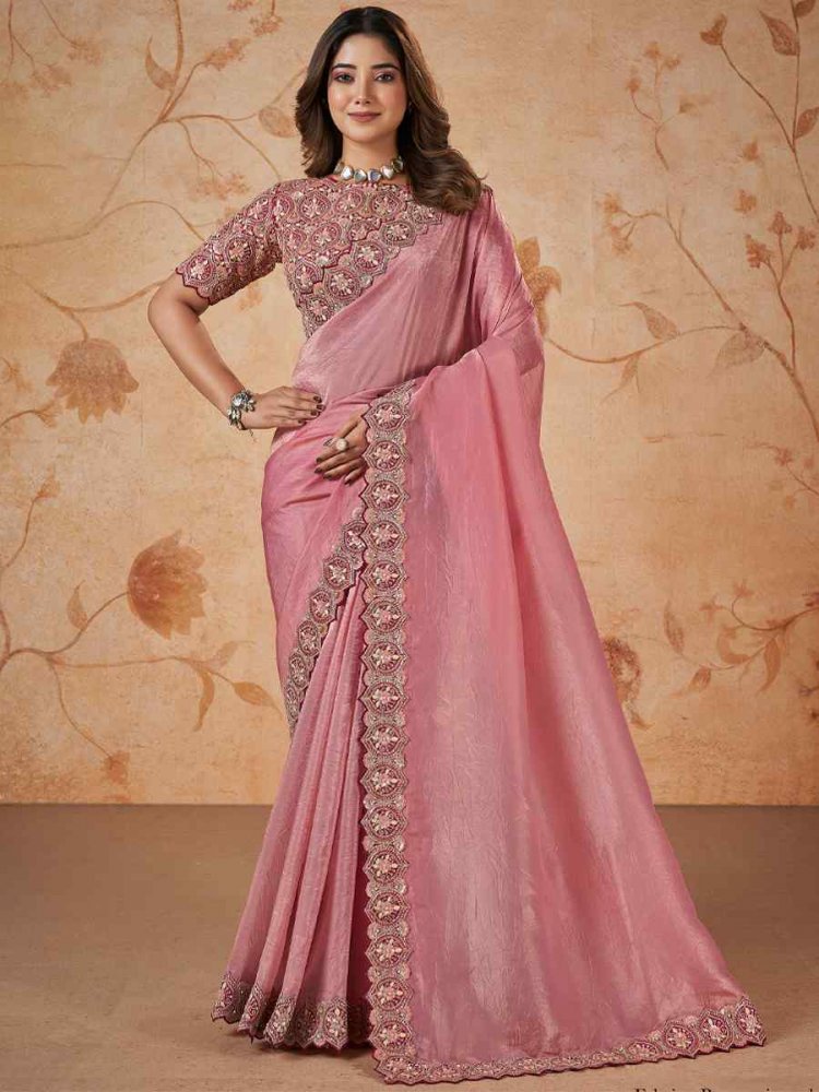 Pink Banarasi Crush Silk Embroidered Festival Party Classic Style Saree