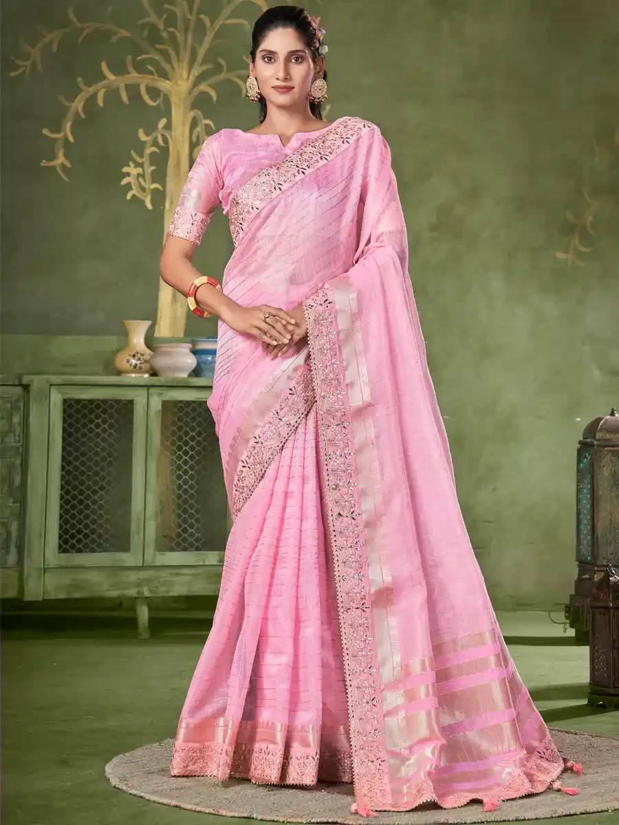 Pink Banarasi Linen Embroidered Festival Party Heavy Border Saree