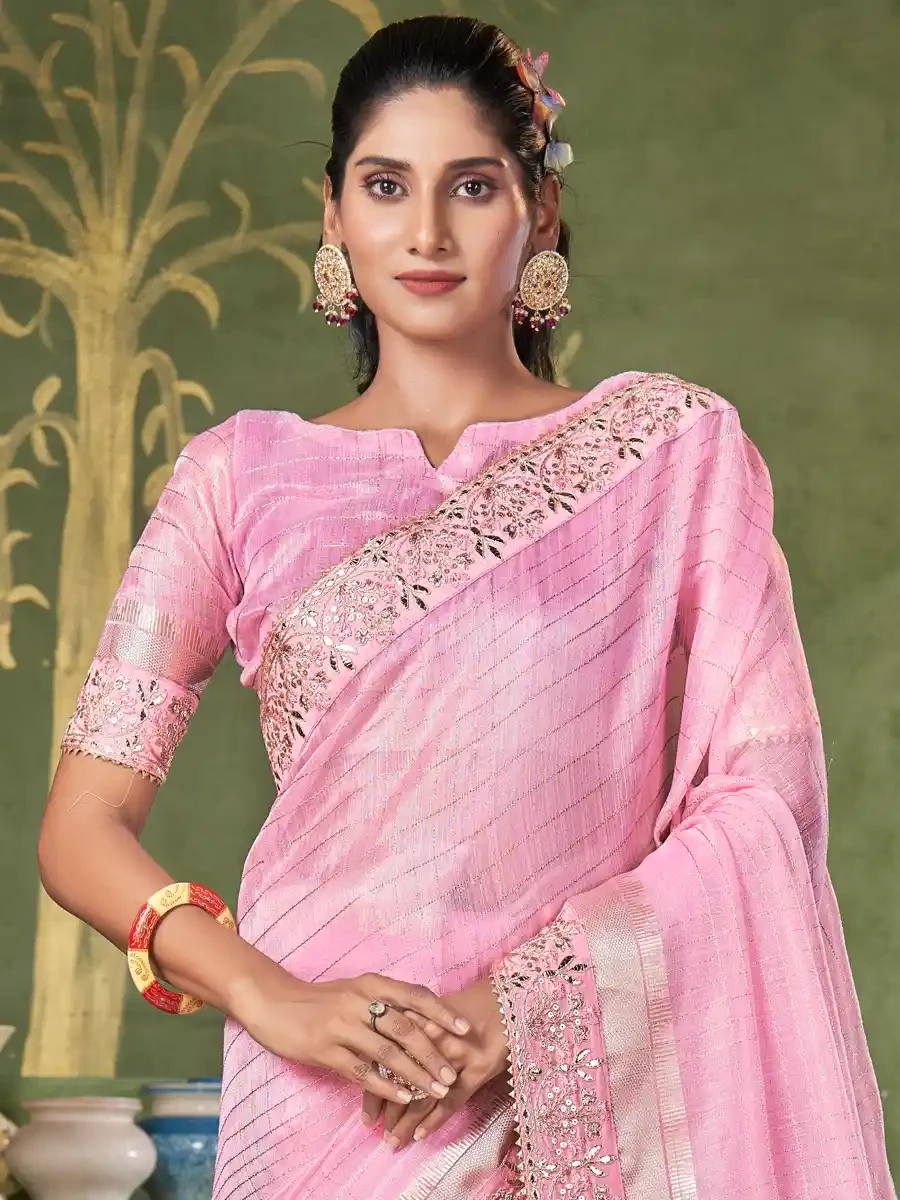 Pink Banarasi Linen Embroidered Festival Party Heavy Border Saree