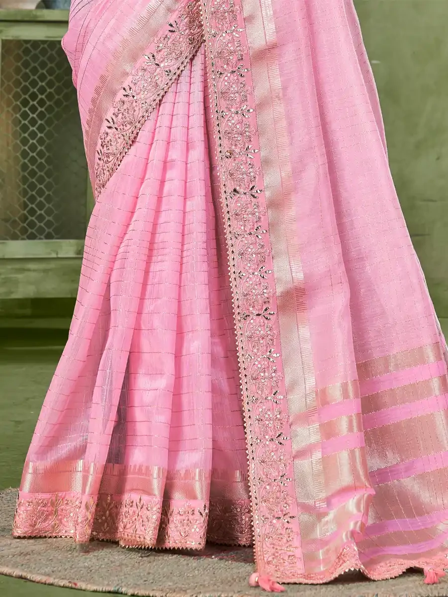 Pink Banarasi Linen Embroidered Festival Party Heavy Border Saree