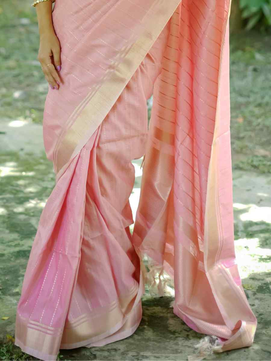 Pink Banarasi Raw Silk  Handwoven Festival Wedding Heavy Border Saree