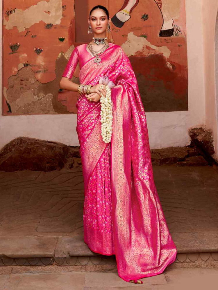 Pink Banarasi Silk  Handwoven Festival Casual Heavy Border Saree