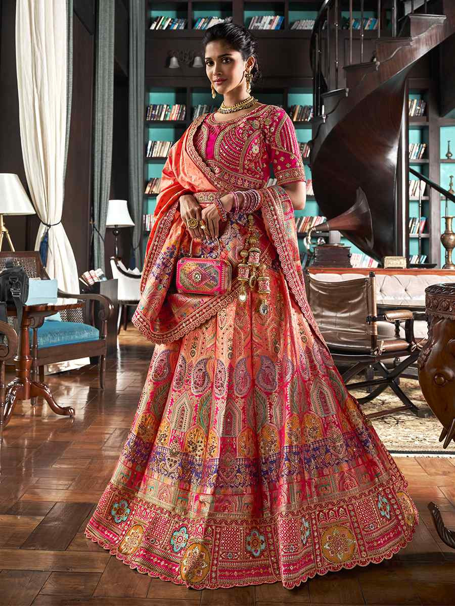 Pink Banarasi Silk Embroidered Bridal Wedding Heavy Border Lehenga Choli