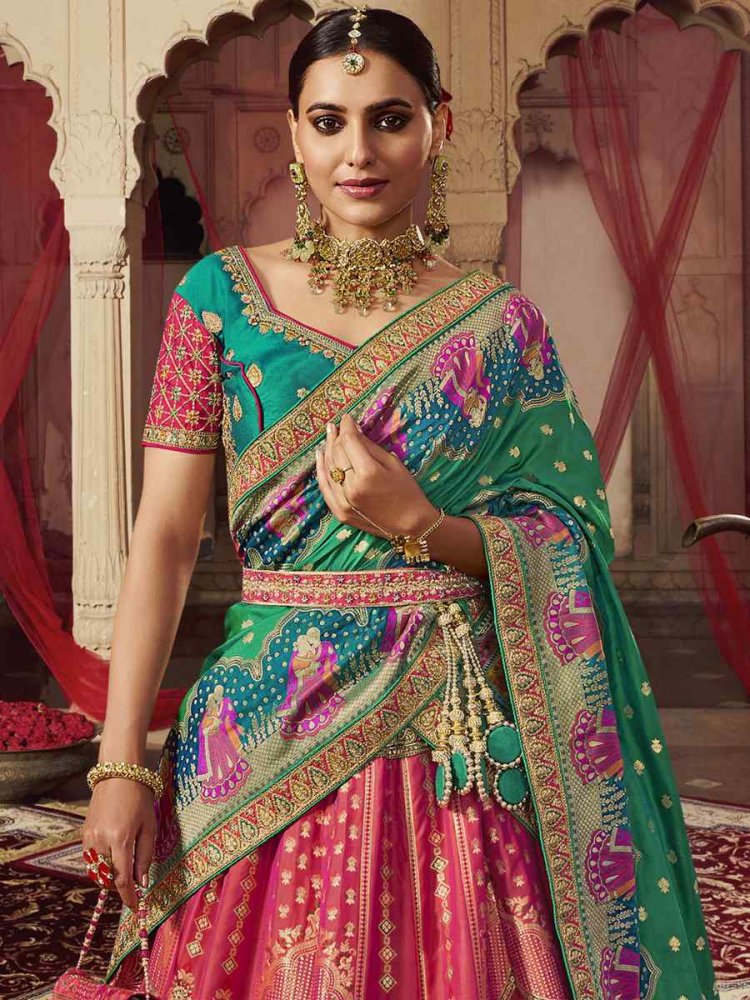 Shop Online Banarasi Silk Green and Pink Resham Bollywood Lehenga Choli :  197796 -