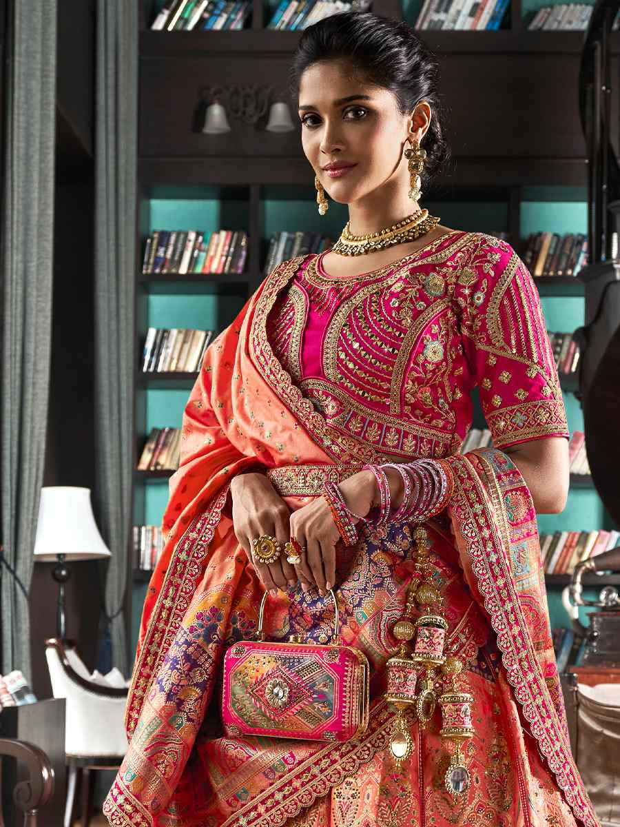 Pink Banarasi Silk Embroidered Bridal Wedding Heavy Border Lehenga Choli