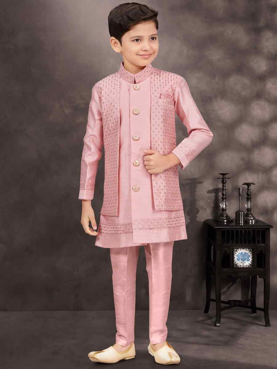 Pink Banarasi Silk Embroidered Festival Wedding Kurta Pyjama Boys Wear