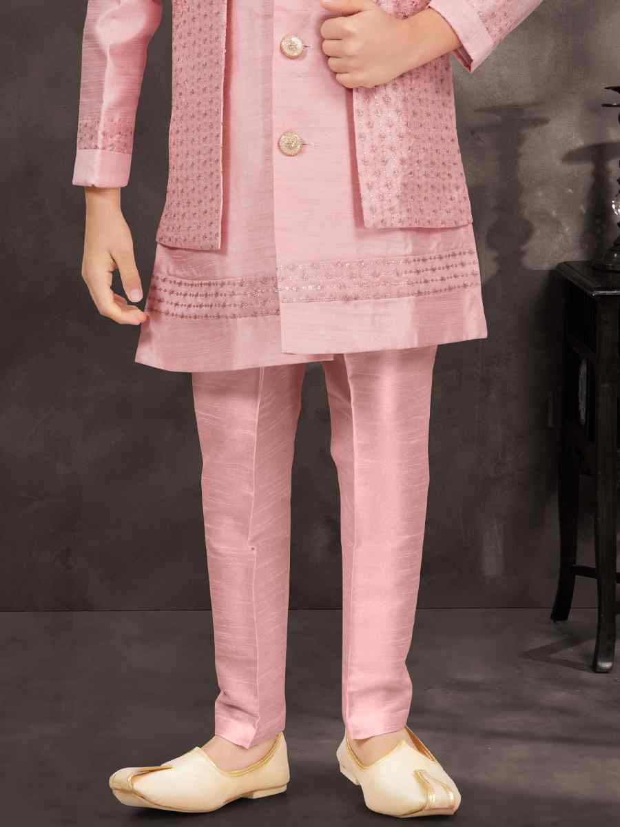 Pink Banarasi Silk Embroidered Festival Wedding Kurta Pyjama Boys Wear