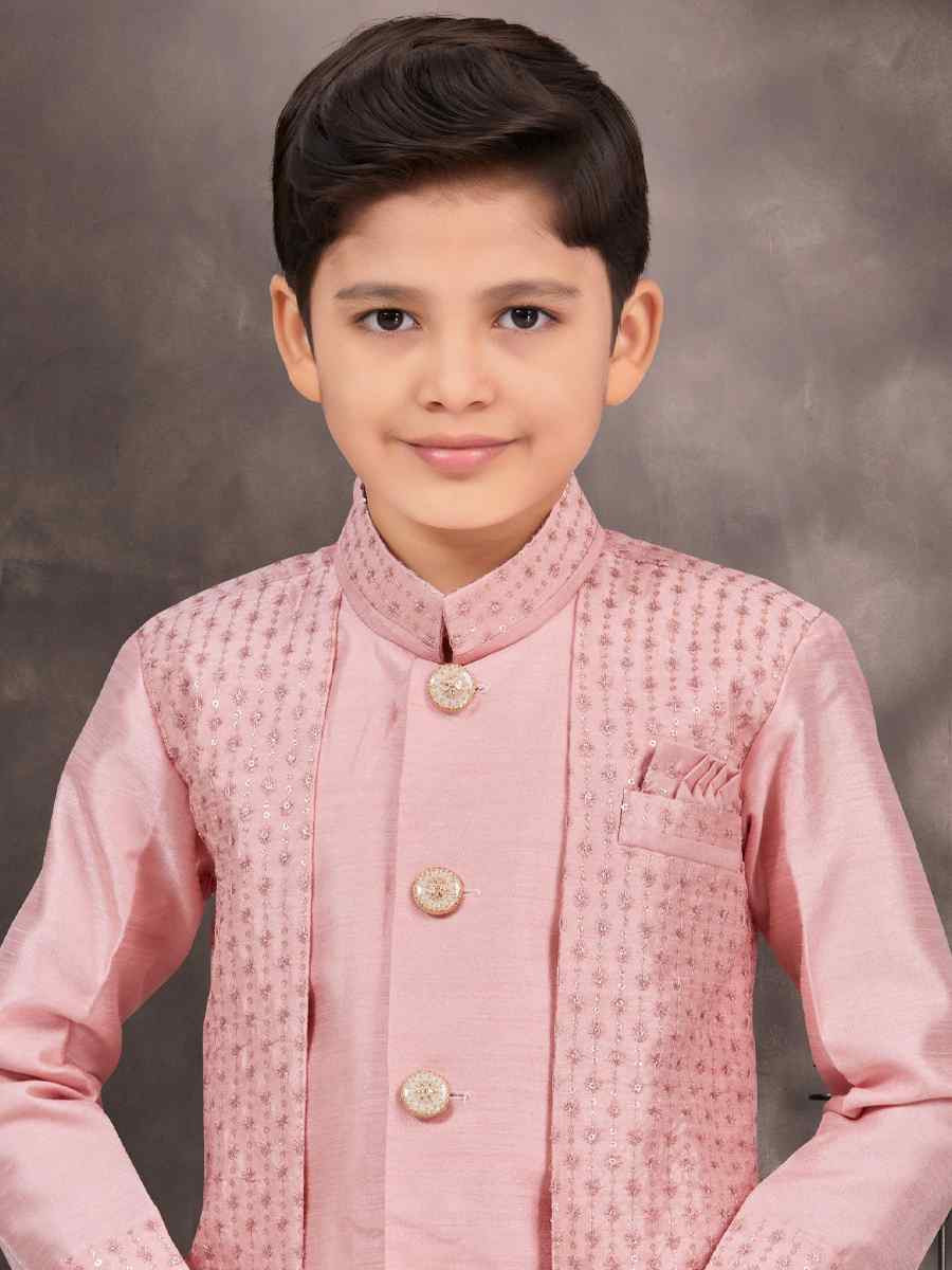 Pink Banarasi Silk Embroidered Festival Wedding Kurta Pyjama Boys Wear