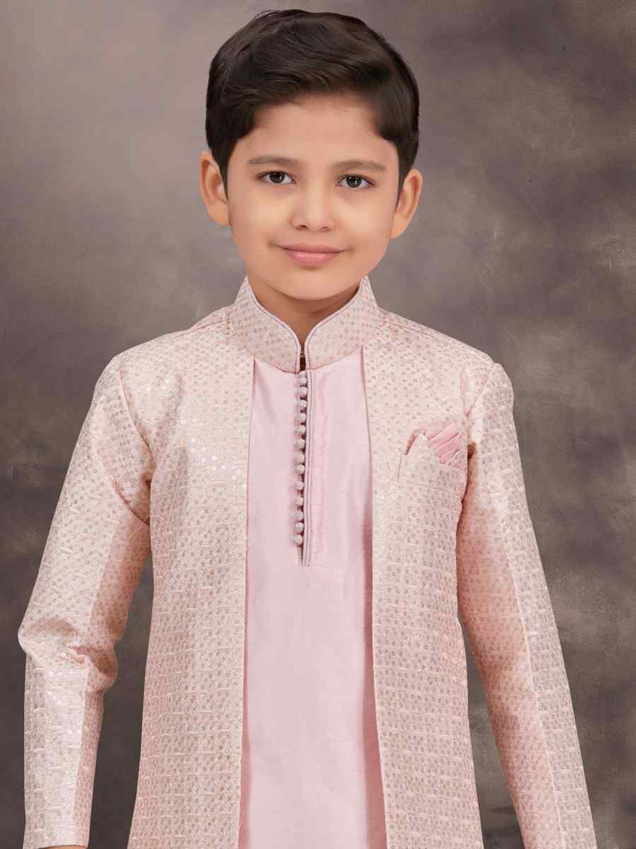 Pink Banarasi Silk Embroidered Festival Wedding Kurta Pyjama Boys Wear