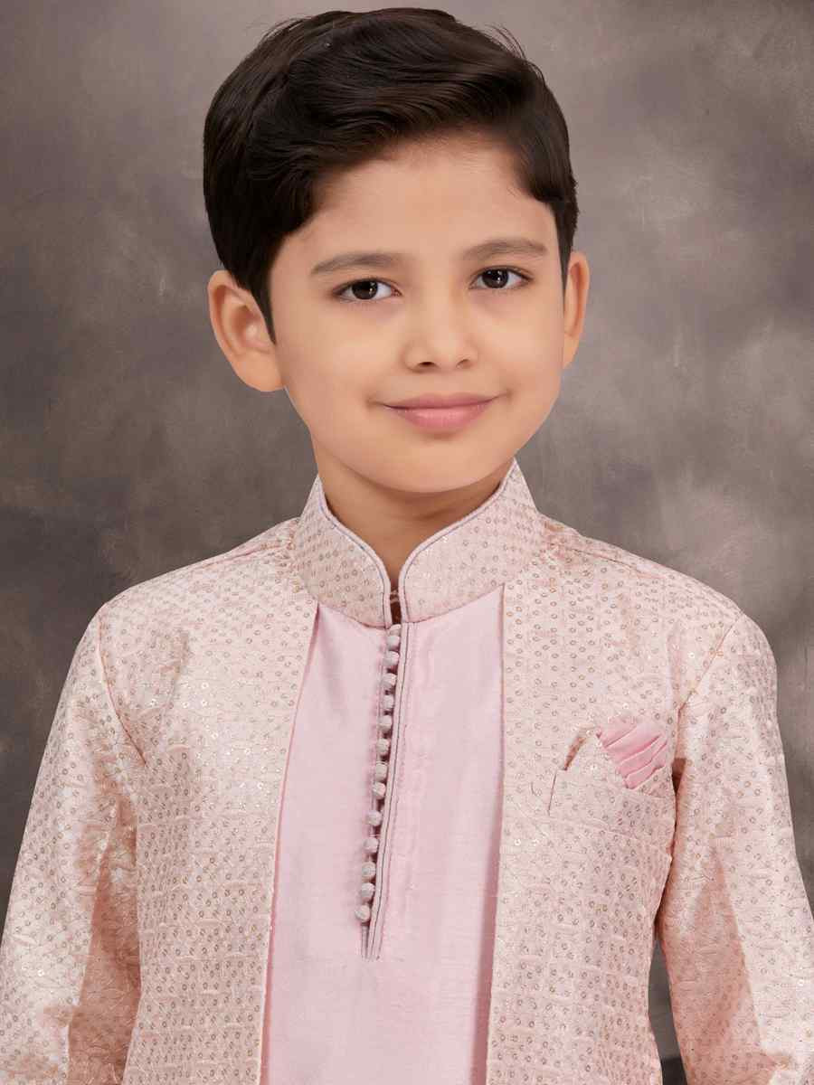 Pink Banarasi Silk Embroidered Festival Wedding Kurta Pyjama Boys Wear