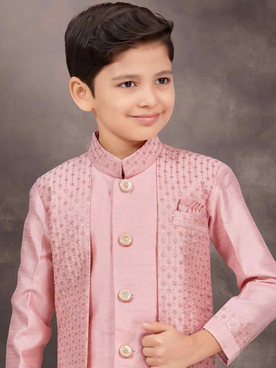 Pink Banarasi Silk Embroidered Festival Wedding Kurta Pyjama Boys Wear