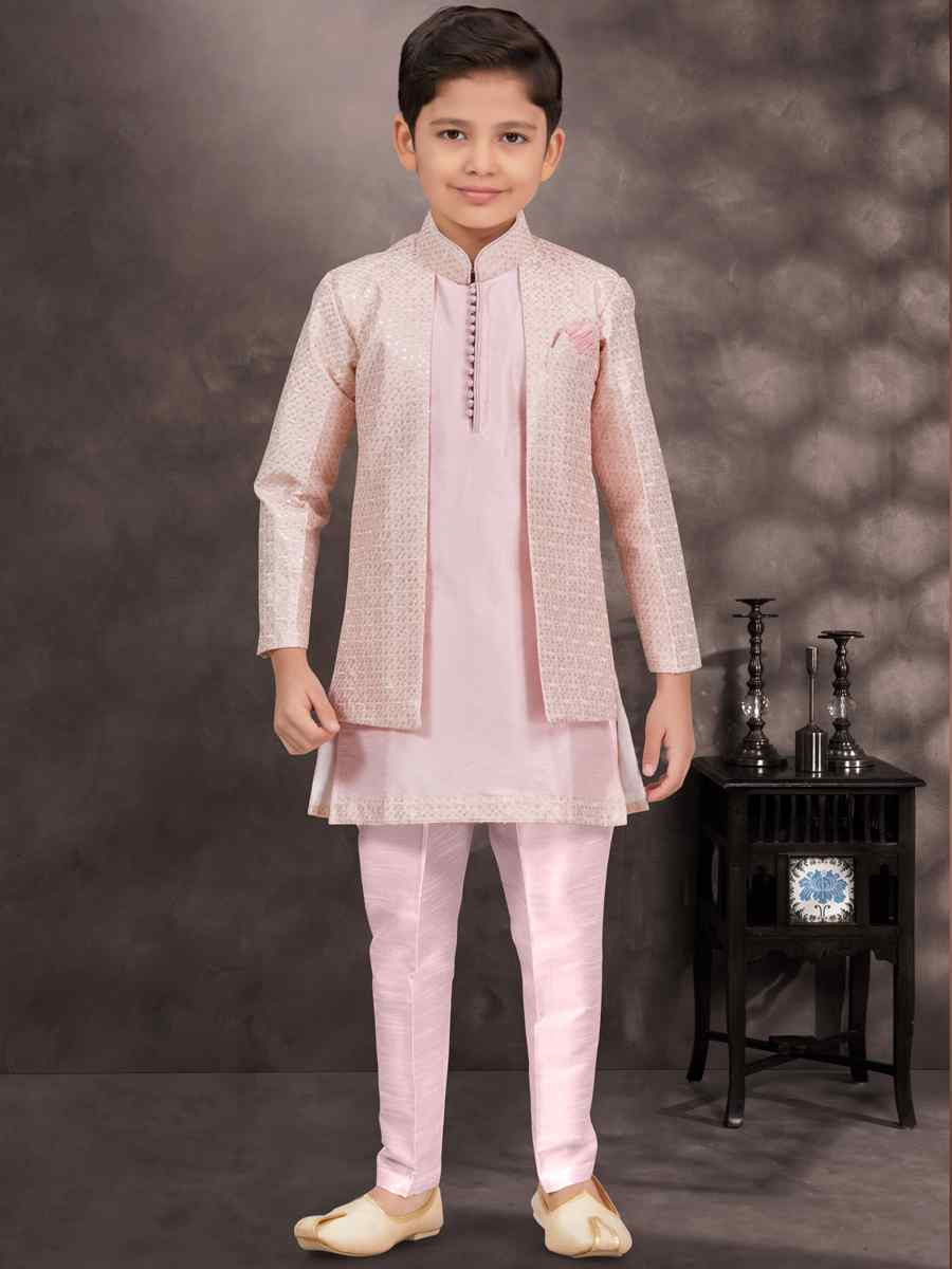 Pink Banarasi Silk Embroidered Festival Wedding Kurta Pyjama Boys Wear