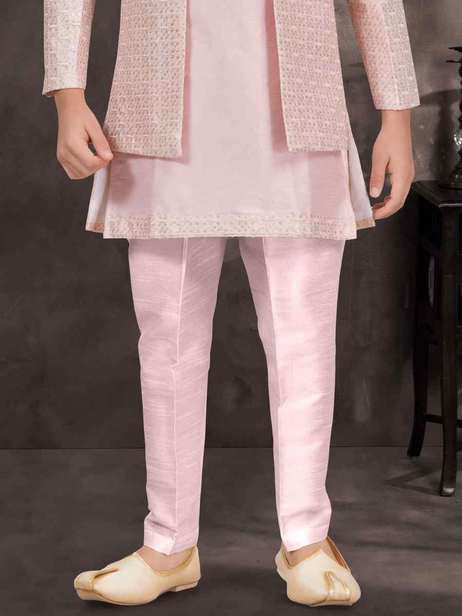 Pink Banarasi Silk Embroidered Festival Wedding Kurta Pyjama Boys Wear