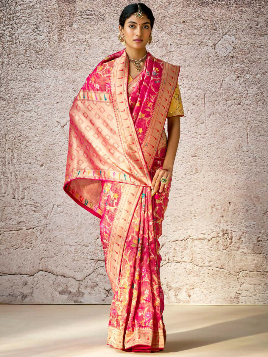 Pink Banarasi Silk Embroidered Reception Wedding Heavy Border Saree