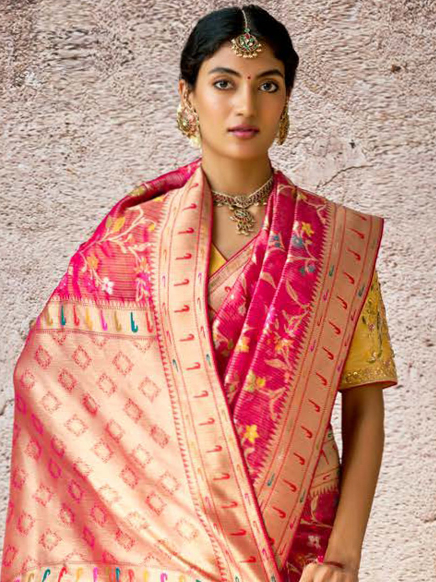 Pink Banarasi Silk Embroidered Reception Wedding Heavy Border Saree